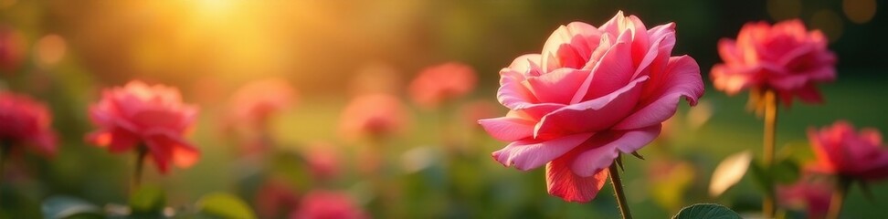 Fototapeta premium Sunlit rose garden, petals unfurling in gentle breeze , light, leaves, scenic