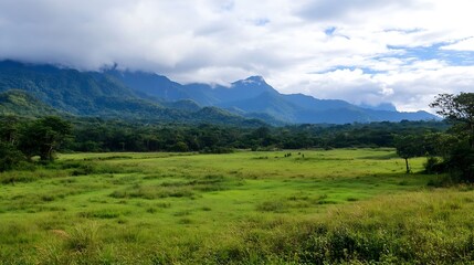 Breathtaking panoramic view of lush green fields framed by majestic mountains and overcast skies : Generative AI