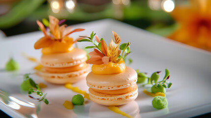 Obraz premium Michelin-Star Macarons with Edible Flowers in a Masterclass Setting