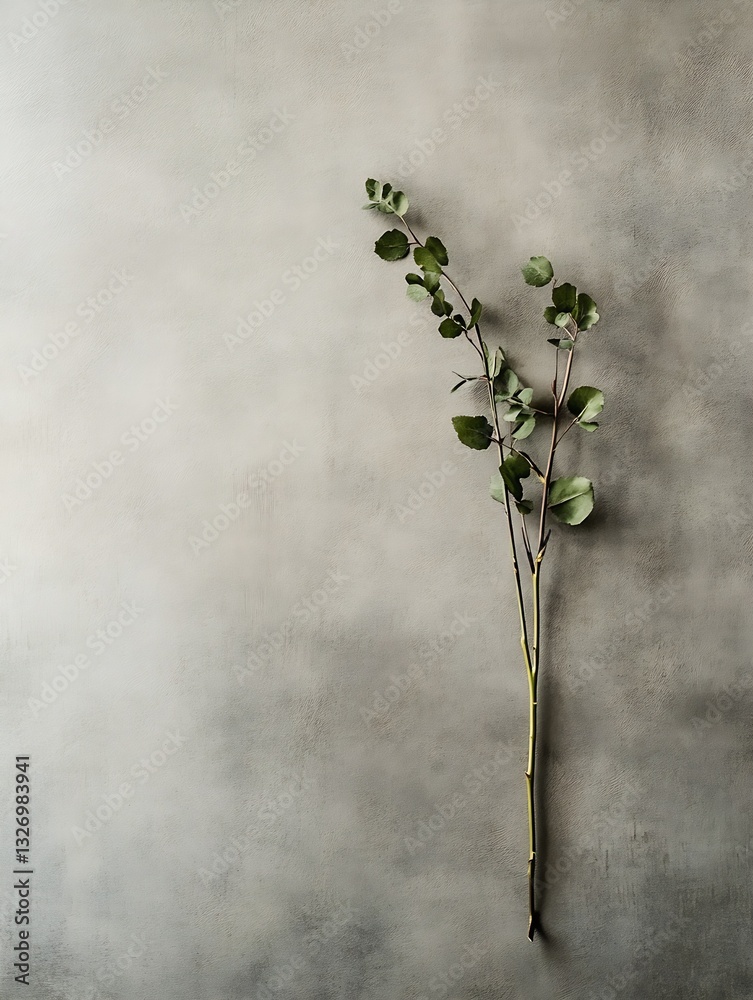 Poster minimalist composition featuring a slender green branch against a textured surface highlighting simp