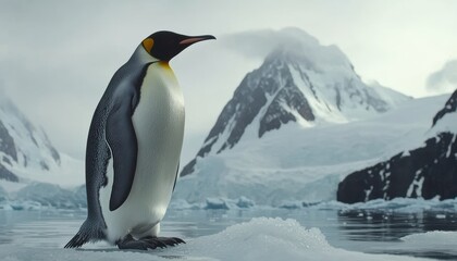 Fototapeta premium Majestic emperor penguin standing on ice floe in antarctica