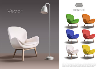 Realistic furniture concept with colorful chairs. Vector illustration