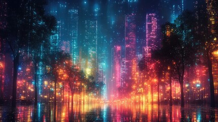 Obraz premium Neon city street at night, futuristic cityscape, trees, rain, vibrant lights, background