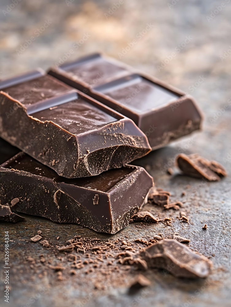 Poster delicious broken dark chocolate pieces with rich texture set against a rustic background : generativ