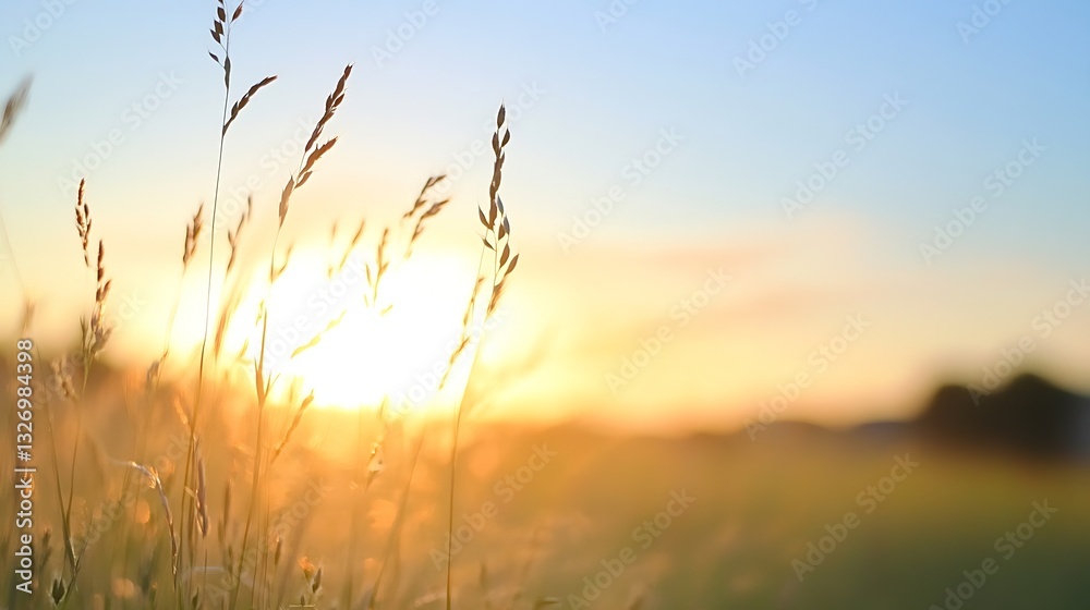 Poster golden sunlight illuminating tall grass with gentle breezes on a serene summer evening : generative 
