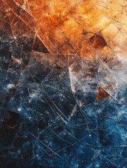 Abstract shattered glass texture with orange and blue hues creating a dynamic visual pattern and striking contrast for modern design