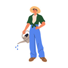 Farmer pouring with watering can, pot. Gardener in hat. Country rural worker farming, gardening. Horticulture, cultivation and agriculture work. Flat vector illustration isolated on white background