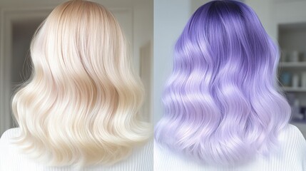 Naklejka premium Two women showcasing trendy blonde and lavender hair with soft waves