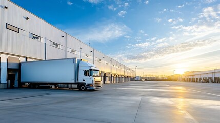 Fototapeta premium Trucking facility at sunrise with a large transport truck parked outside a warehouse in a spacious yard : Generative AI