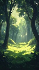 Sunlit Path Through Lush Green Forest Trees
