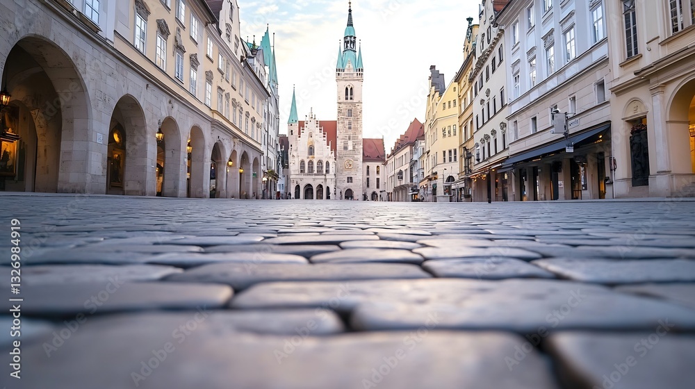 Poster stunning view of historic architecture and cobblestone streets in a tranquil city square at dawn : g