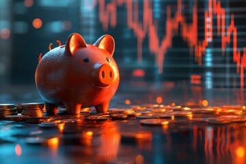 A piggy bank and scattered coins are placed on a table, with a stock market chart moving on it