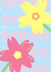 Bright poster or card with primrose flowers in fresh spring pastel shades. Playful modern floral design with textured background and bold shapes for printing materials, holiday cards, branding, etc.  