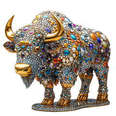 Obraz premium Shiny Gold Bison Sculpture Adorned with Colorful Gems and Decorative Elements Perfect for Artistic Displays and Collections