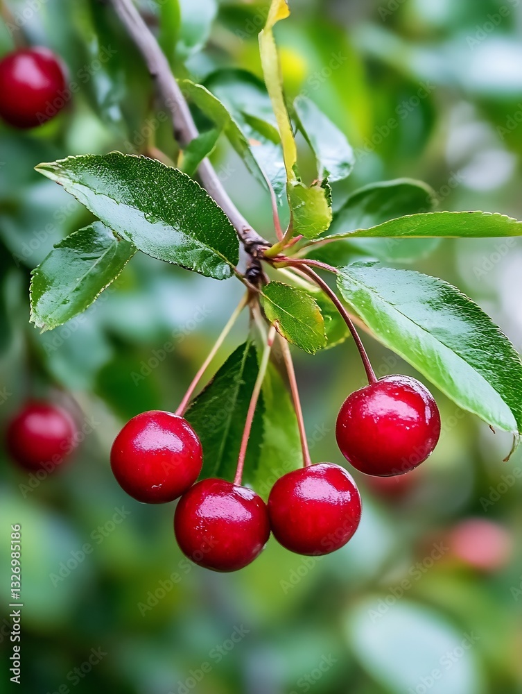 Poster lively red cherries on a branch with lush green leaves in a garden : generative ai