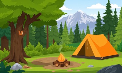 Flat vector clipart of a bright orange tent pitched in a lush green forest
