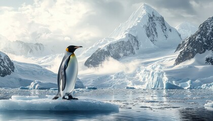 Obraz premium Emperor penguin standing on ice floe in antarctica with snowy mountains