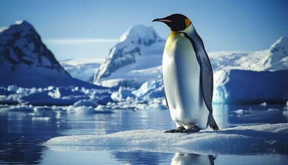 Fototapeta premium Emperor penguin standing on ice floe in antarctica with snowy mountains