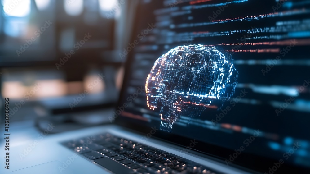 Poster Hightech laptop screen displaying digital brain concept with data flow and technology design : Generative AI
