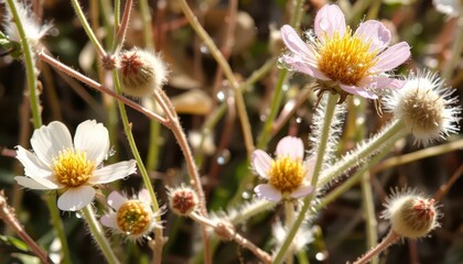 Obraz premium Delicate Wildflowers with Soft Petals and Vibrant Yellow Centers Glimmering in the Morning Sunlight on a Clear Summer Day in Nature's Garden