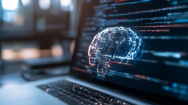 Hightech laptop screen displaying digital brain concept with data flow and technology design : Generative AI