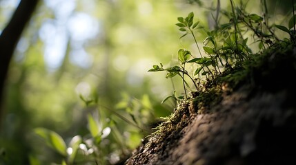 Fototapeta premium Fresh green plants sprouting on a mossy log in the forest conveying a sense of growth and nature's beauty : Generative AI