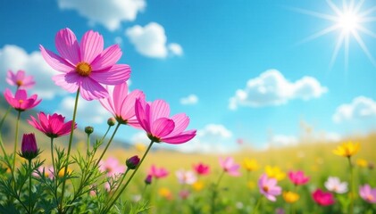 Obraz premium Vibrant cosmos flowers bloom in a sun-drenched meadow under a vast blue sky , spring, countryside