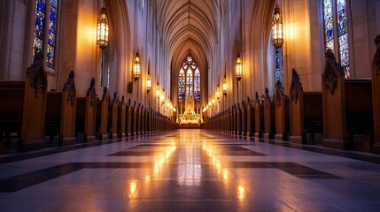 Interior view of a grand cathedral showcasing its stunning architecture and soft light : Generative AI