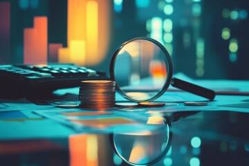 Coins stacked under magnifying glass with calculator and documents in background in office