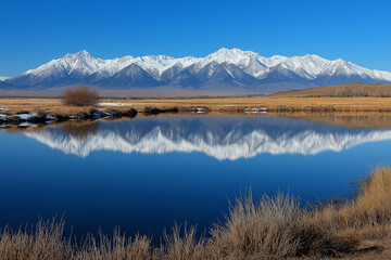 Beautiful mountain lake with the reflection of snow-capped mountains in the water