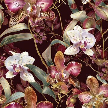 Seamless tropical pattern of exotic colorful orchids flowers.