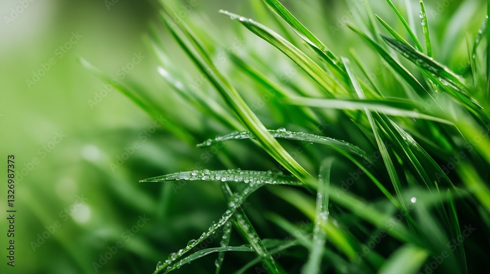 Aufkleber Close up view of fresh green grass with droplets of water reflecting light in a tranquil setting : Generative AI