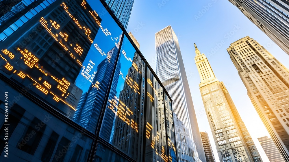 Poster glistening skyscrapers capturing sunlight with financial data displayed on screens in an urban citys