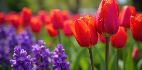 Fototapeta premium Vibrant purple blooms & red tulips close-up Spring garden detail , purple, petal