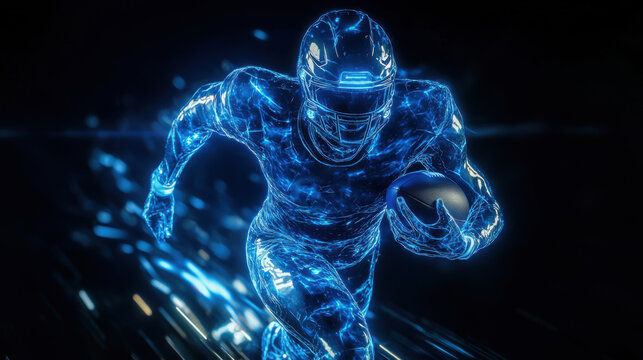 Football player running fast with the ball. Blue light particles forming the figure. Dark background with blurred speed lines. Digital art representation