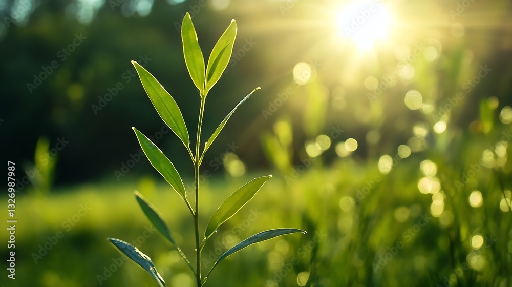 Poster closeup image of fresh green leaves illuminated by sun rays in a lush garden setting : generative ai