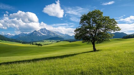 Idyllic green hills with a solitary tree under a bright blue sky showcasing beautiful natural scenery : Generative AI