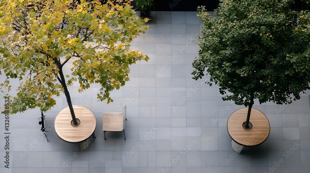 Poster modern outdoor space featuring two trees and stylish furniture in a minimalist design : generative a