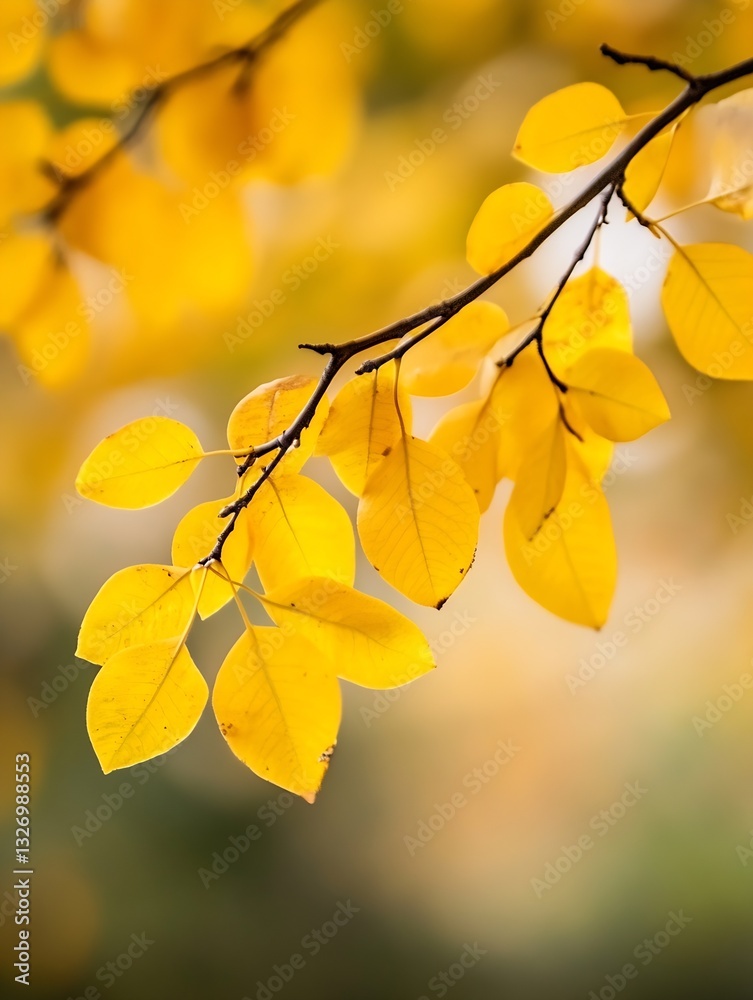 Poster Vibrant close up of yellow autumn leaves hanging from a branch in soft natural light : Generative AI