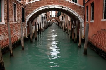 narrow venetian canal with brick buildings and stone bridges and supports.