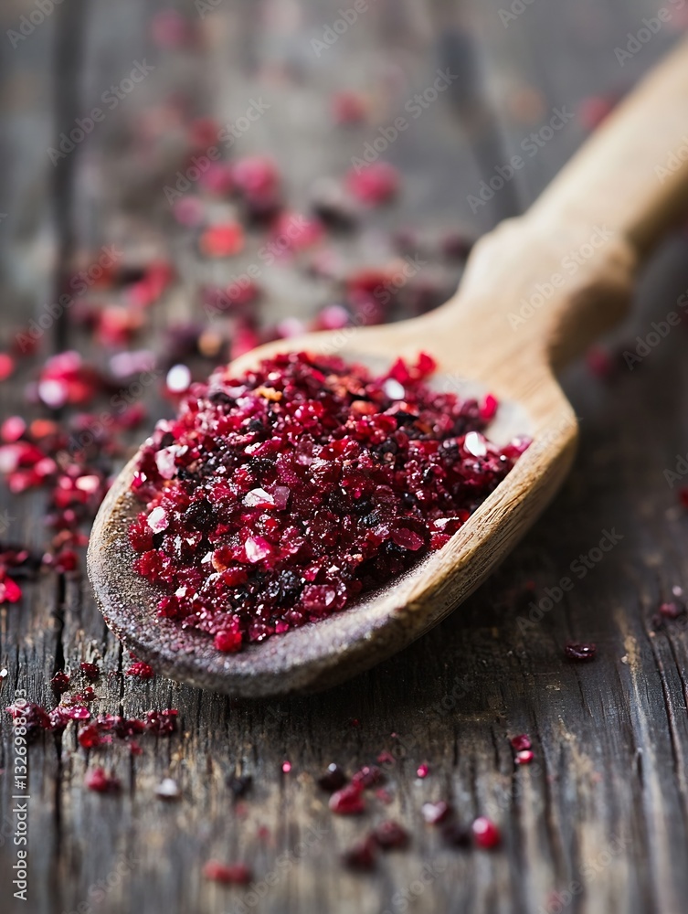 Poster a rustic wooden spoon filled with vibrant red salt granules resting on a weathered wooden table : ge