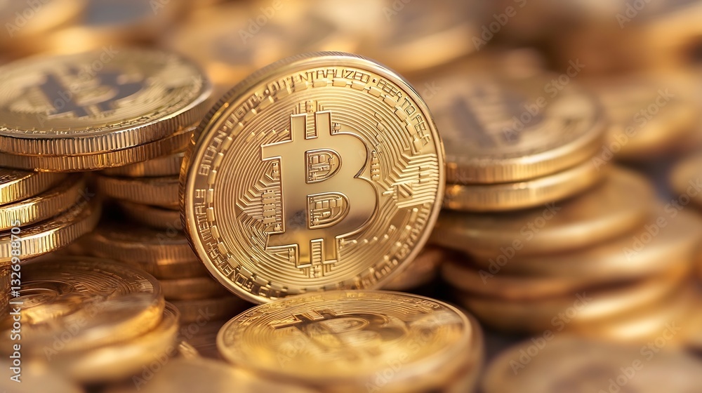 Poster A Collection of Shiny Golden Bitcoin Coins Stacked Together Highlighting Cryptocurrency : Generative AI