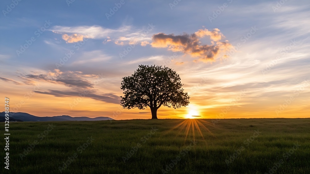 Poster Beautiful sunset view with a solitary tree against a colorful sky and rolling hills in the background : Generative AI