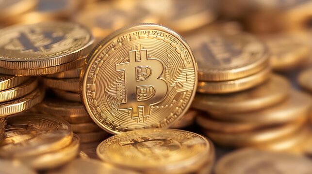 A Collection of Shiny Golden Bitcoin Coins Stacked Together Highlighting Cryptocurrency : Generative AI