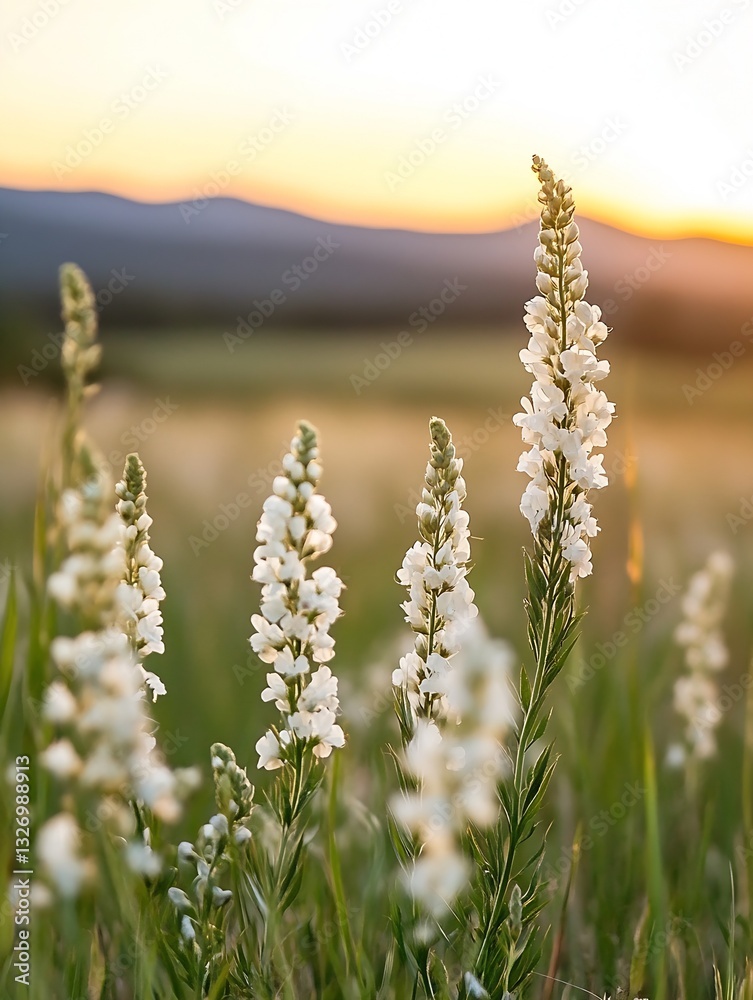 Poster beautiful field of white flowers swaying gently under the warm glow of a setting sun : generative ai