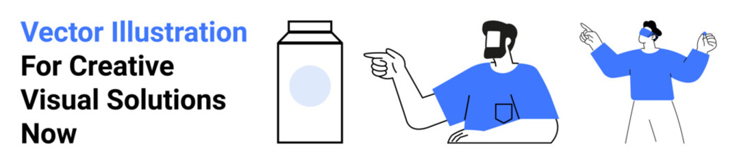 Milk carton, man pointing left, person raising hands joyfully. Ideal for marketing, branding, advertising, packaging, food concepts, teamwork flat landing page banner