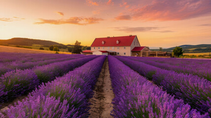 Scenic Lavender Field at Sunset with Country House – Beautiful Rural Landscape