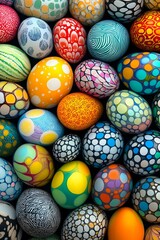 Colorful decorated Easter eggs with modern abstract patterns and geometric designs in vibrant colors. Collection of handcrafted holiday ornaments showing dots, swirls and lines.