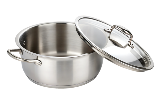 A shiny stainless steel stock pot with a glass lid.