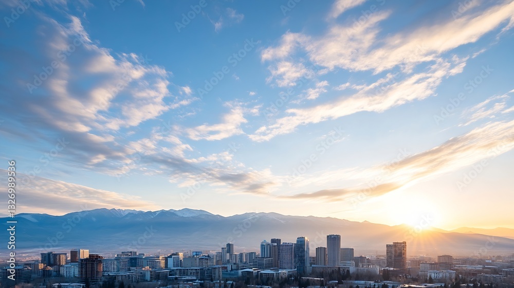 Aufkleber stunning panoramic view of a city skyline with mountains and clouds during sunset : generative ai